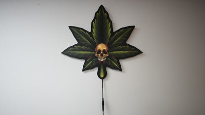 Large (18") Marijuana Leaf Skull Tattoo Tacker by Artist Bryce Bowerman – LED Lighted Wall Art with Green & Red Glow