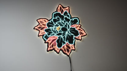 LED light on and off with room light on and off to show illumination of Original Peony tattoo design by Bryce Bowerman printed on acrylic with UV printer with added LED light.